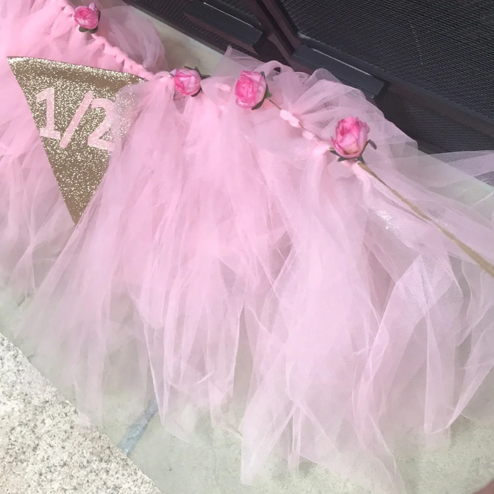 1/2 Year Birthday Girl Pink Floral Tulle High Chair Banner Decoration – Handmade